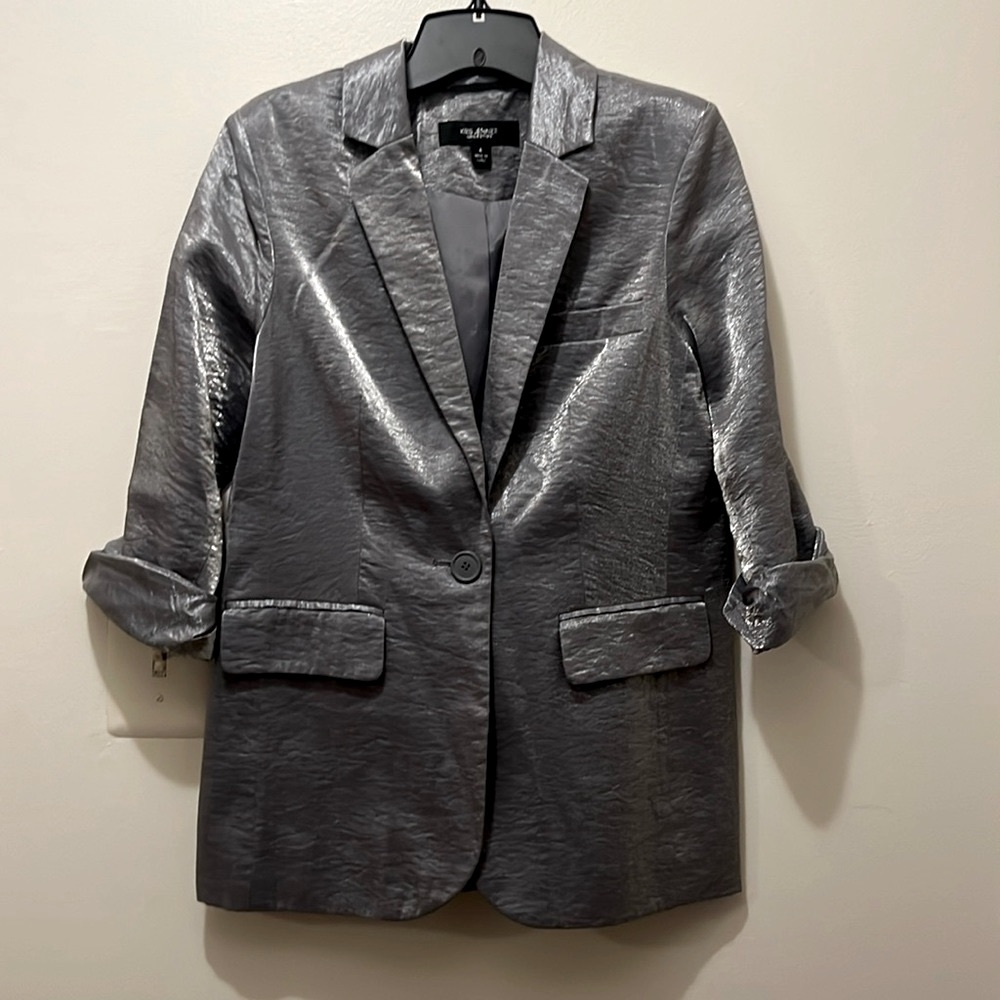 KRIS JENNER - SIZE 4 SILVER ONE BUTTON 3/4 SLEEVE BLAZER EUC
